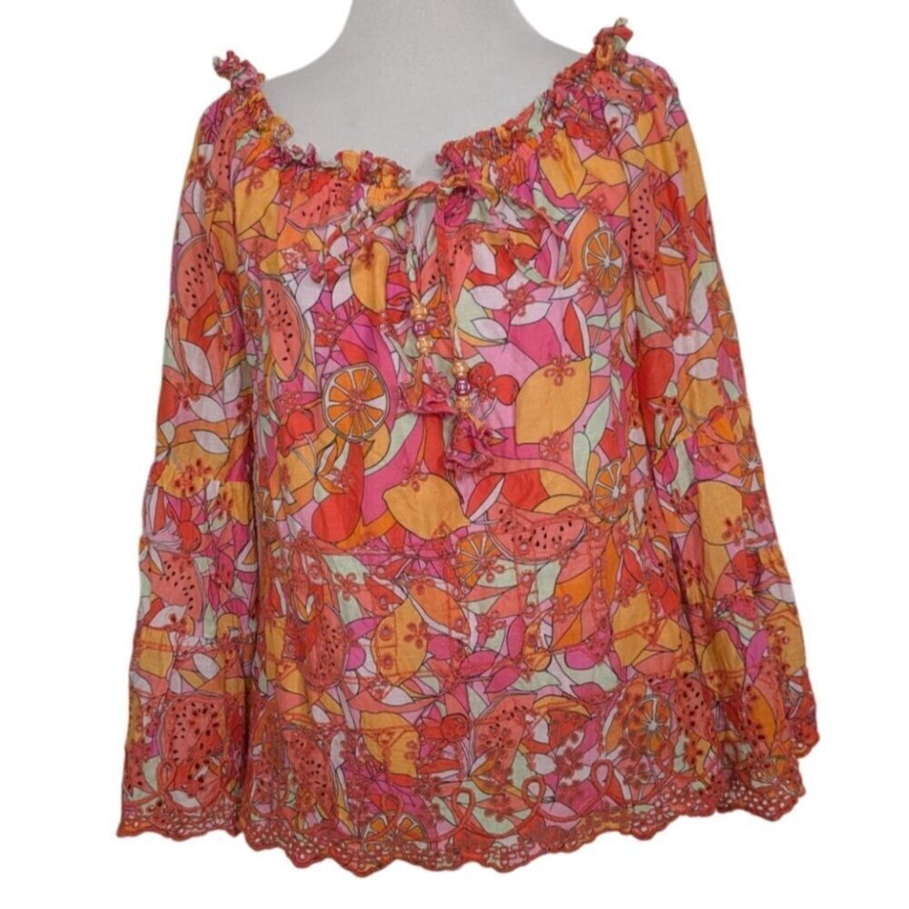 Hale Bob Mai Embroidered Eyelet Top Womens Size XS Pink Citrus Watermelon Shirt